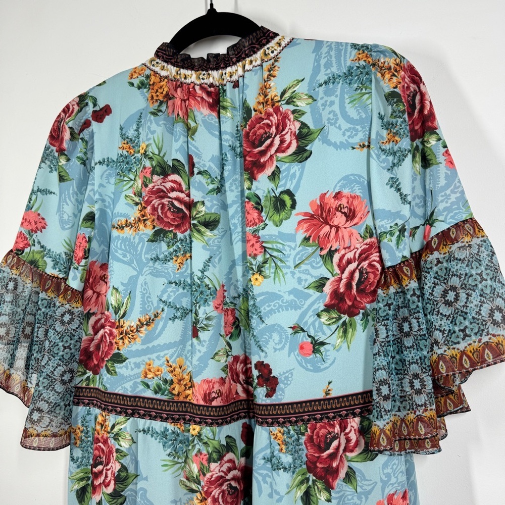 Alice + Olivia Blue Floral Boho Dress Size XS Ruffle Sleeve Tie Neck - Picture 9 of 16
